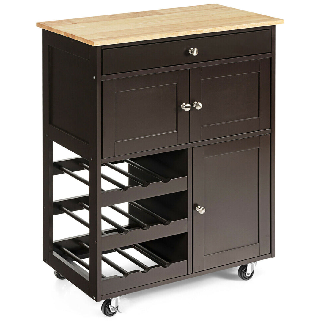 Rolling Kitchen Island Serving Cart Storage Cabinet w/ Wine Rack Image 5