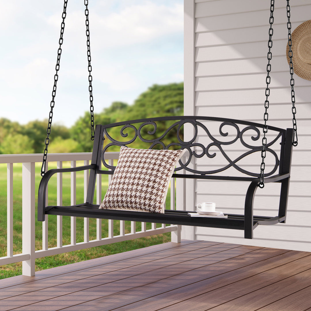 Patio Hanging Porch Swing Outdoor 2-Person Metal Swing Bench Chair w/ Chains Image 4