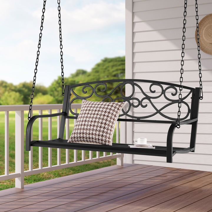 Patio Hanging Porch Swing Outdoor 2-Person Metal Swing Bench Chair w/ Chains Image 5