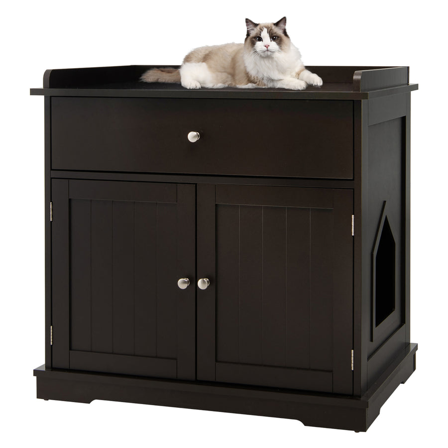 Wooden Cat Litter Box Enclosure w/ Drawer Side Table Furniture Image 1