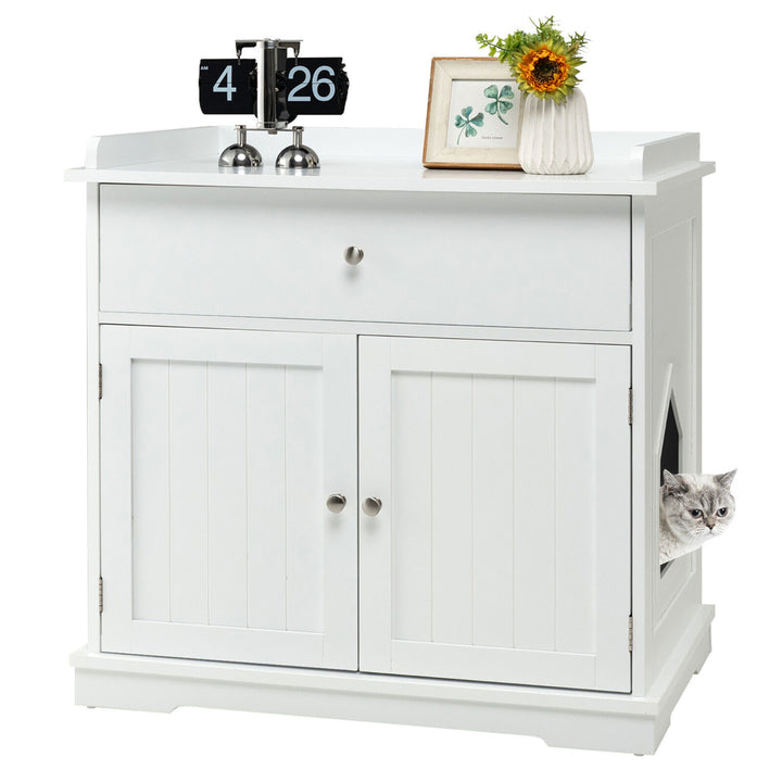 Wooden Cat Litter Box Enclosure w/ Drawer Side Table Furniture Image 2