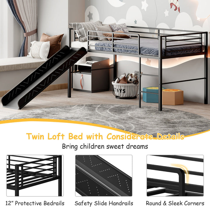 Twin Metal Loft Bed with Slide Guardrails Built-in Ladder Low Bed Frame Image 2