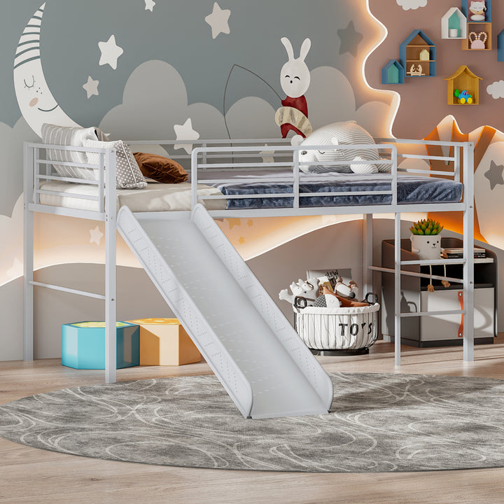 Twin Metal Loft Bed with Slide Guardrails Built-in Ladder Low Bed Frame Image 3