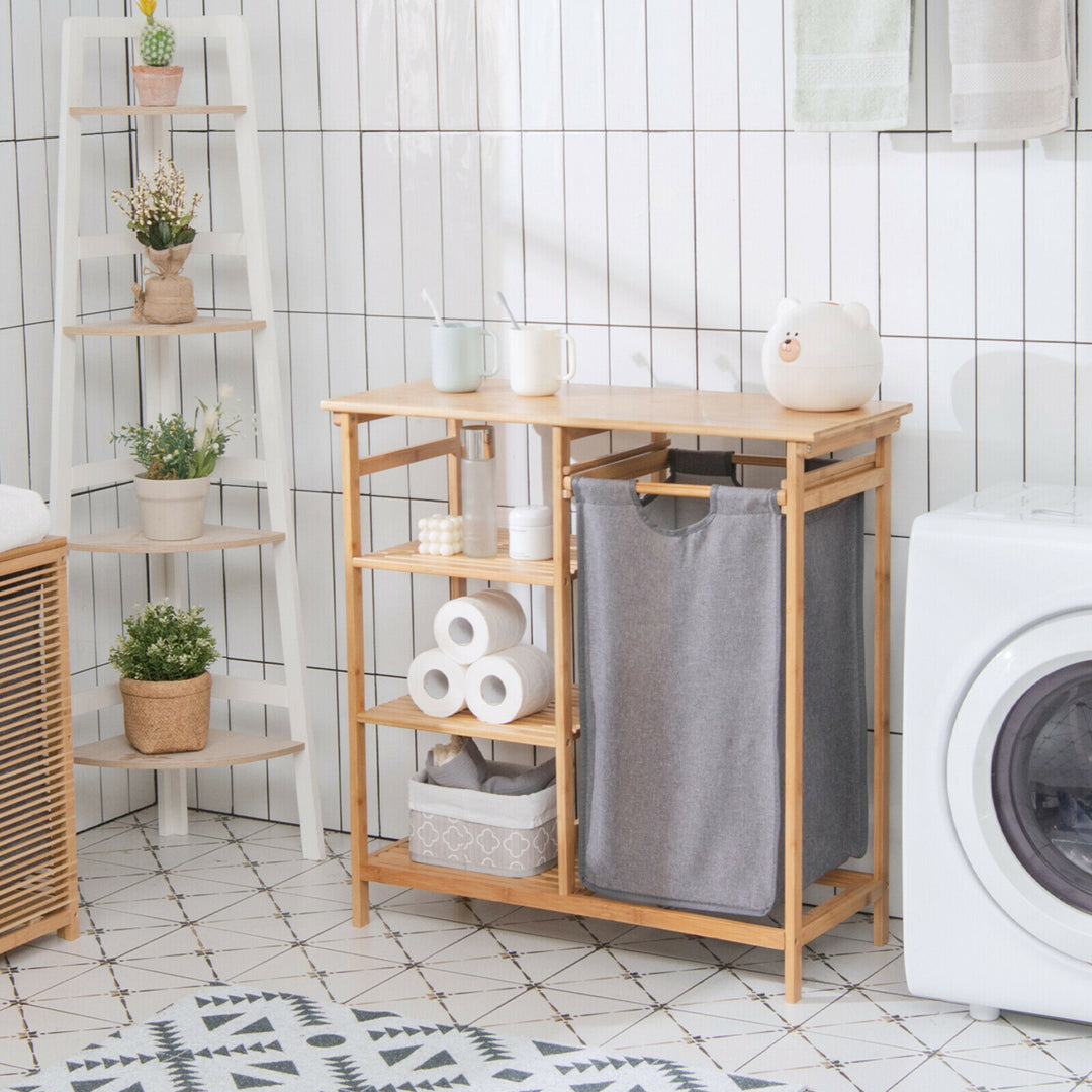 Laundry Hamper Basket Table Bamboo w/Storage Shelves and Sliding Bag Image 3