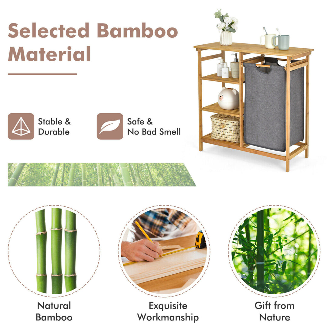 Laundry Hamper Basket Table Bamboo w/Storage Shelves and Sliding Bag Image 8