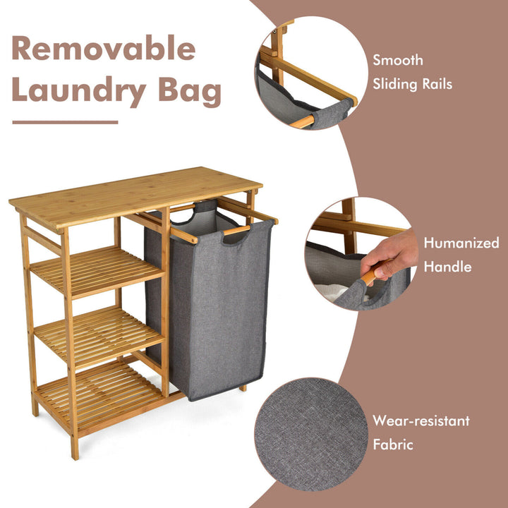 Laundry Hamper Basket Table Bamboo w/Storage Shelves and Sliding Bag Image 9