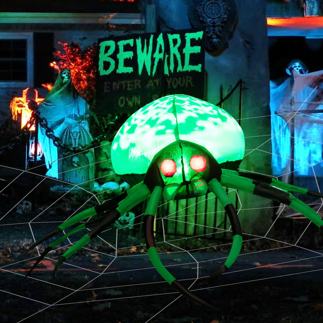 5 Long Halloween Inflatable Creepy Green Black Legs Spider w/ Cobweb and LEDS Image 1