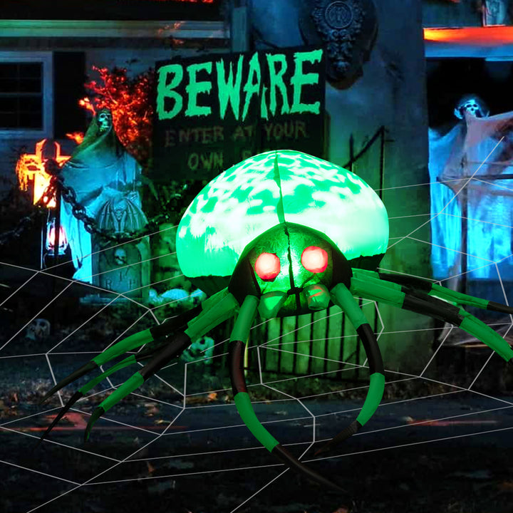 5 Long Halloween Inflatable Creepy Green Black Legs Spider w/ Cobweb and LEDS Image 1