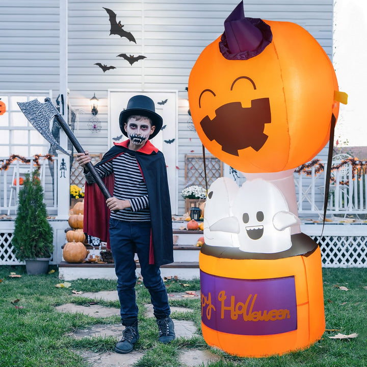 6FT Tall Halloween Ghost Pumpkin Inflatable Hot Air Balloon Decor w/ LED Lights Image 3