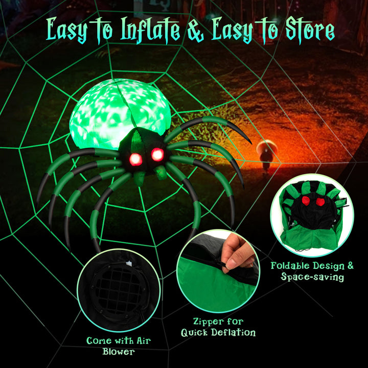 5 Long Halloween Inflatable Creepy Green Black Legs Spider w/ Cobweb and LEDS Image 8