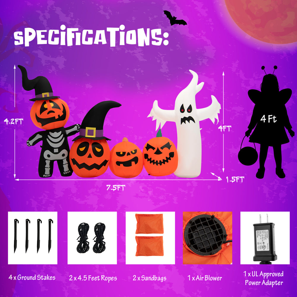 7.4FT Long Inflatable Ghost Halloween Festival Pumpkin Ghost Combination w/ LED Lights Image 2