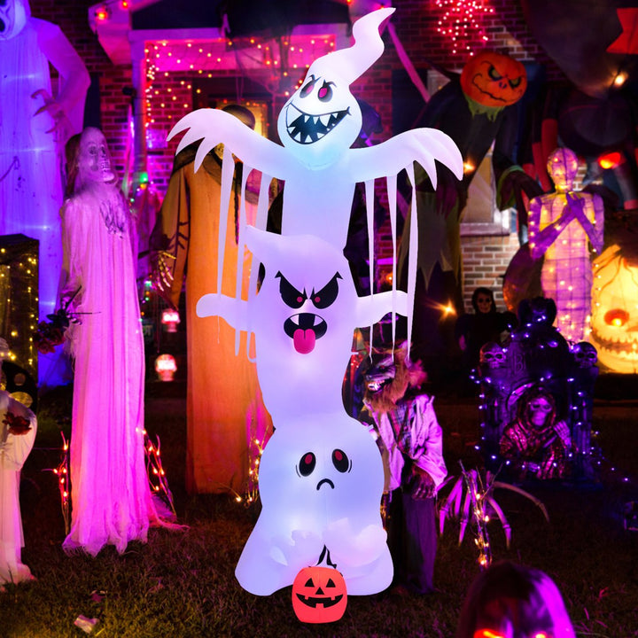 10 FT Halloween Inflatable Stacked Ghost Holiday Decor w/ Colorful Flashing Lights Image 3