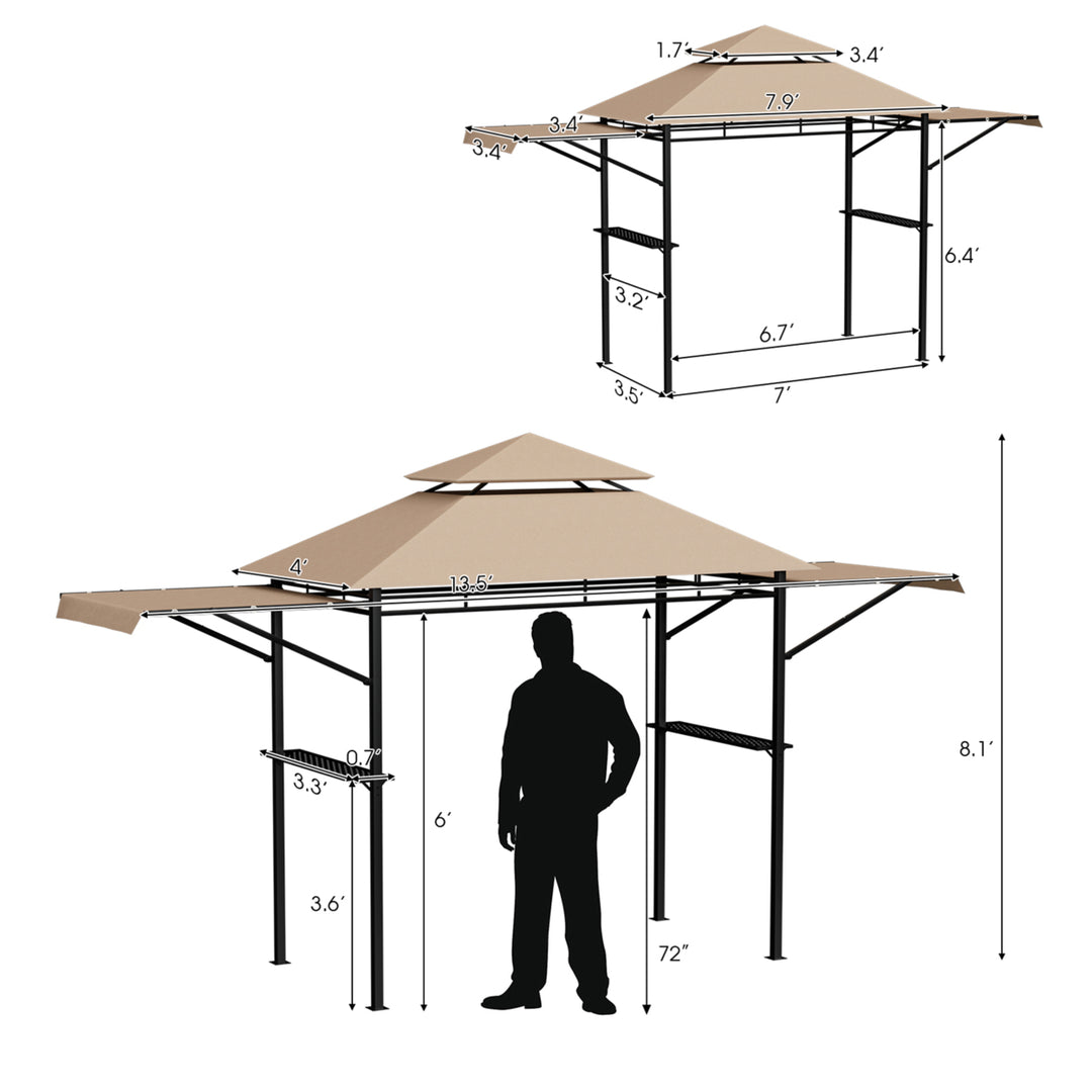 13.5 x 4 Patio BBQ Grill Gazebo Side Awnings Shelves 2-Tier Canopy Outdoor Image 2