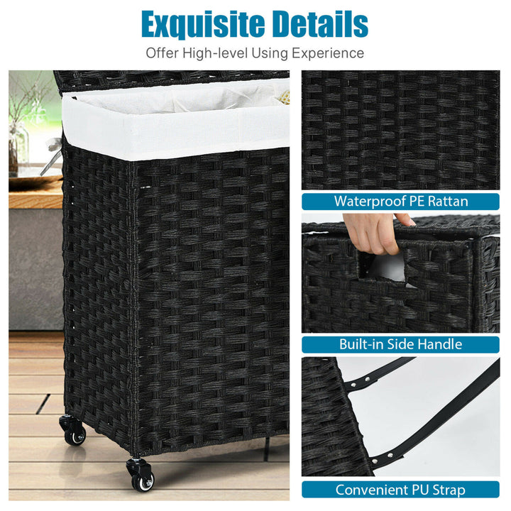 Laundry Hamper w/Wheels and Lid, 125L 3-Section Clothes Hamper w/2 Liner Bags Image 6