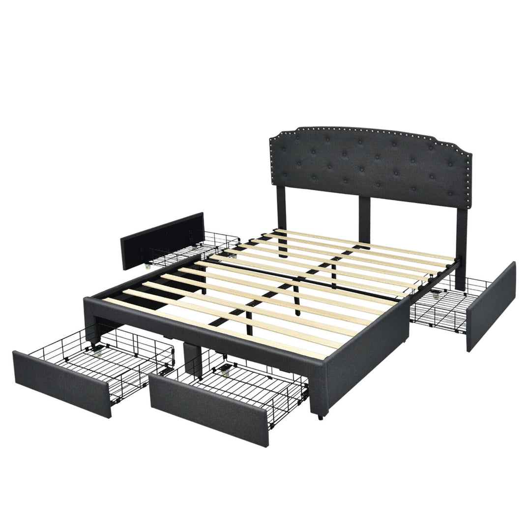 Full Platform Bed Frame with 4 Storage Drawers Adjustable Headboard Grey Image 7