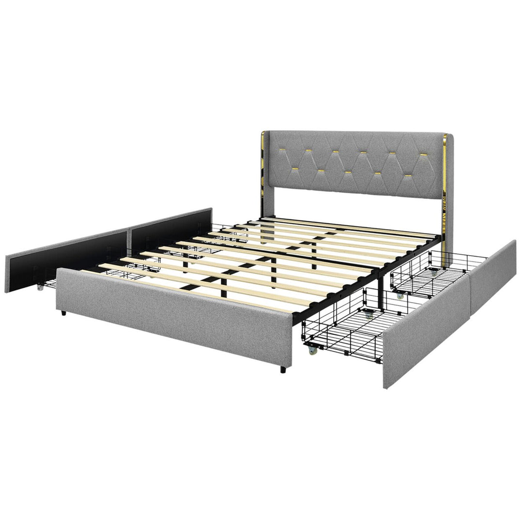 Gymax Queen Bed Frame Mattress Foundation with 4 Storage Drawers Silver Image 1