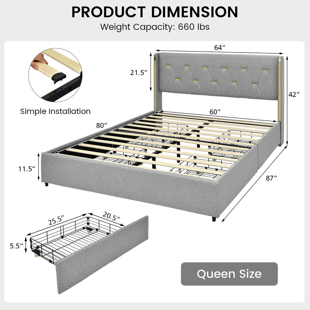 Gymax Queen Bed Frame Mattress Foundation with 4 Storage Drawers Silver Image 2