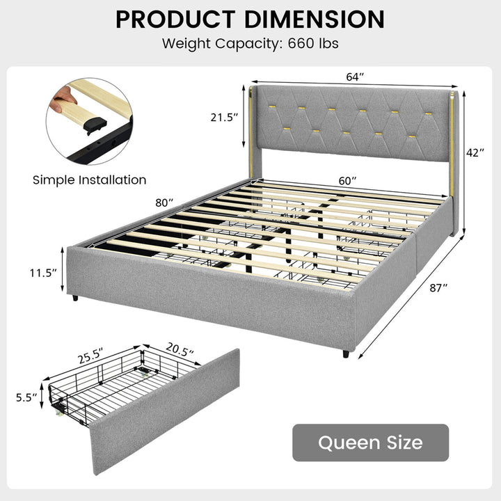 Gymax Queen Bed Frame Mattress Foundation with 4 Storage Drawers Silver Image 2