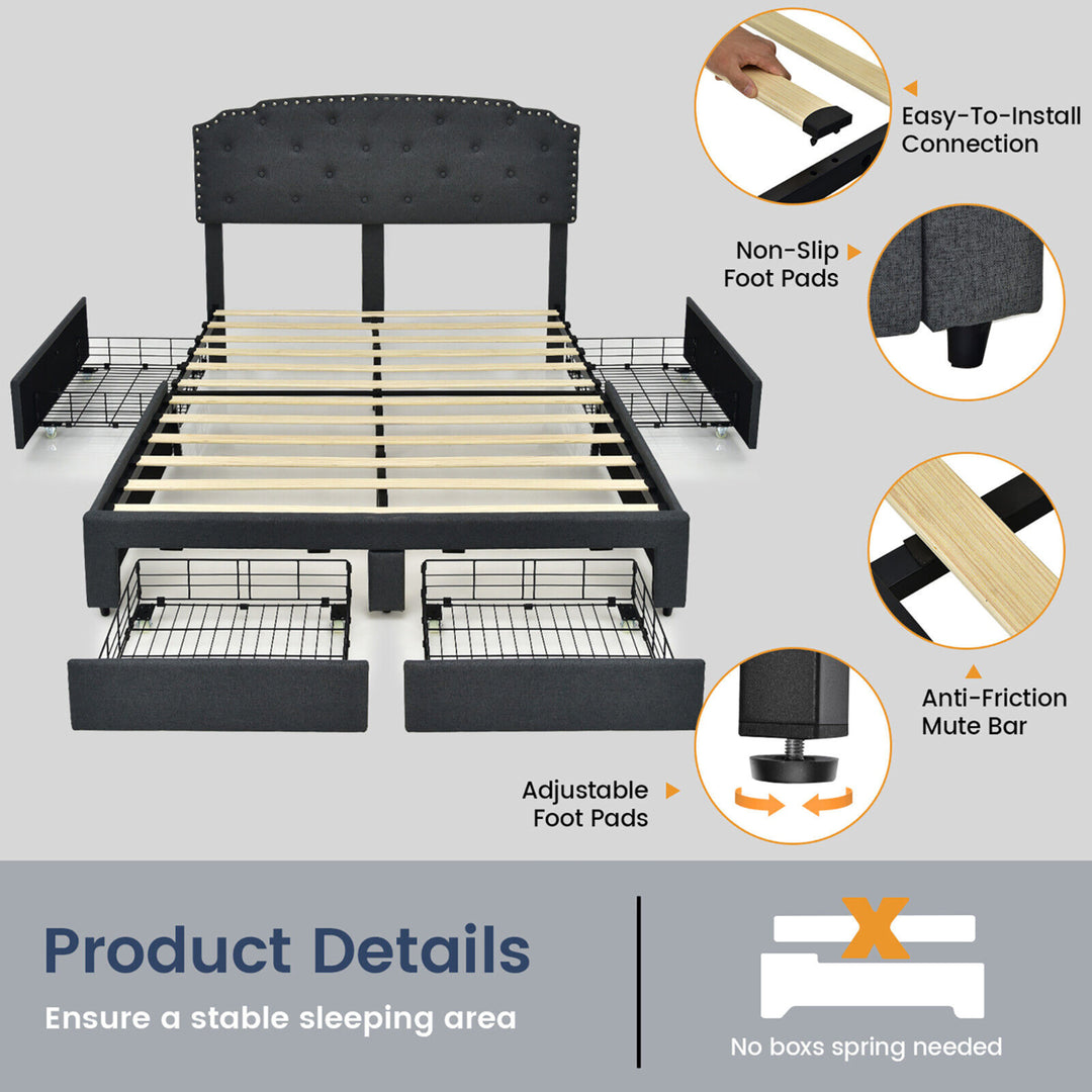 Full Platform Bed Frame with 4 Storage Drawers Adjustable Headboard Grey Image 5