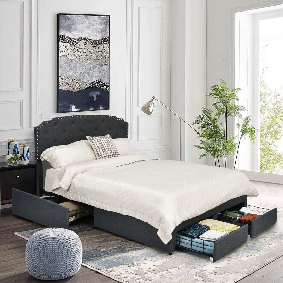 Full Platform Bed Frame with 4 Storage Drawers Adjustable Headboard Grey Image 6