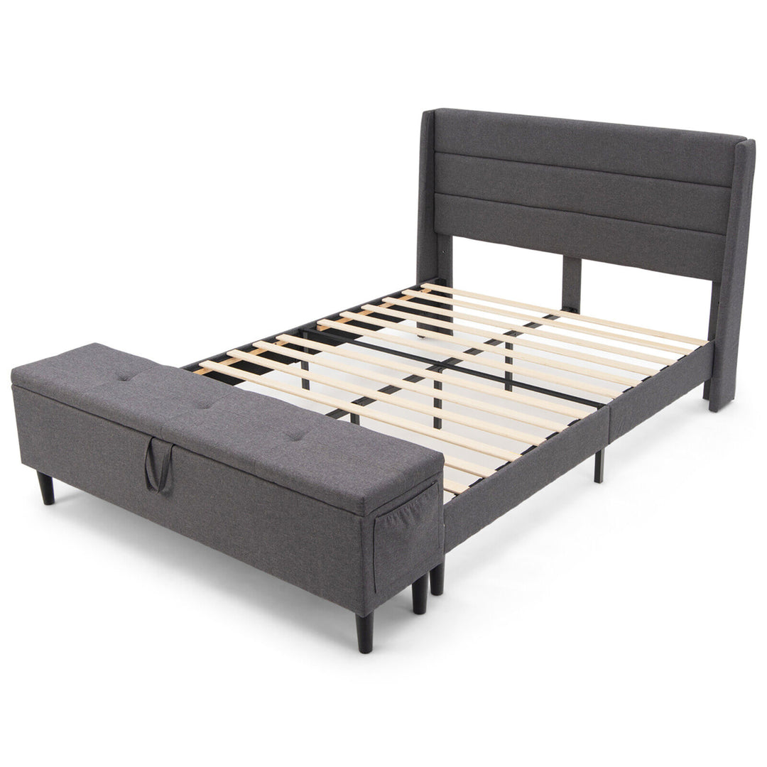 Full Upholstered Platform Bed Frame w/ Storage Ottoman Slats Support Grey Image 9