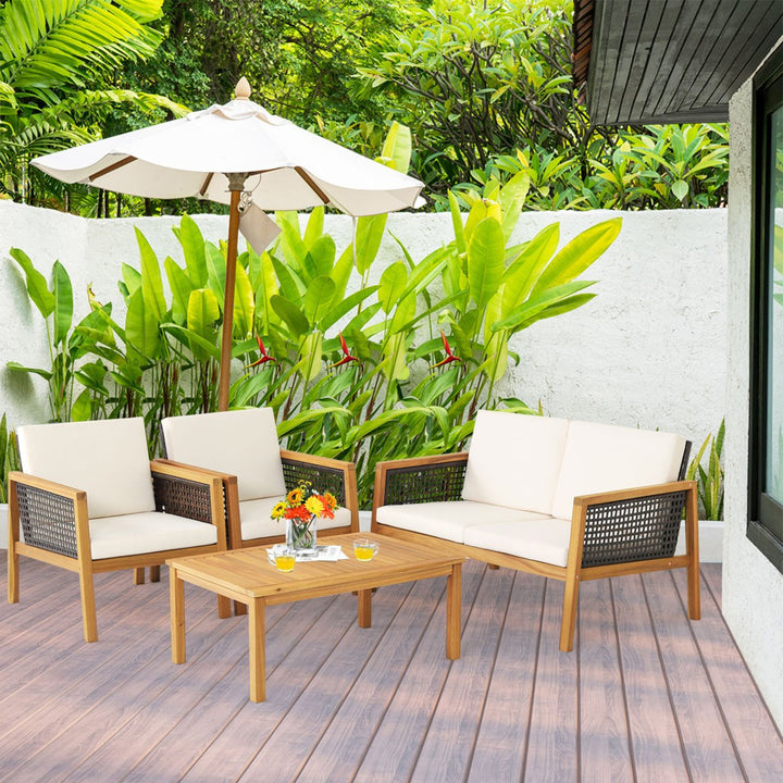 4PCS Patio Acacia Wood Furniture Set PE Rattan Conversation Set w/ Off White Cushions Image 10