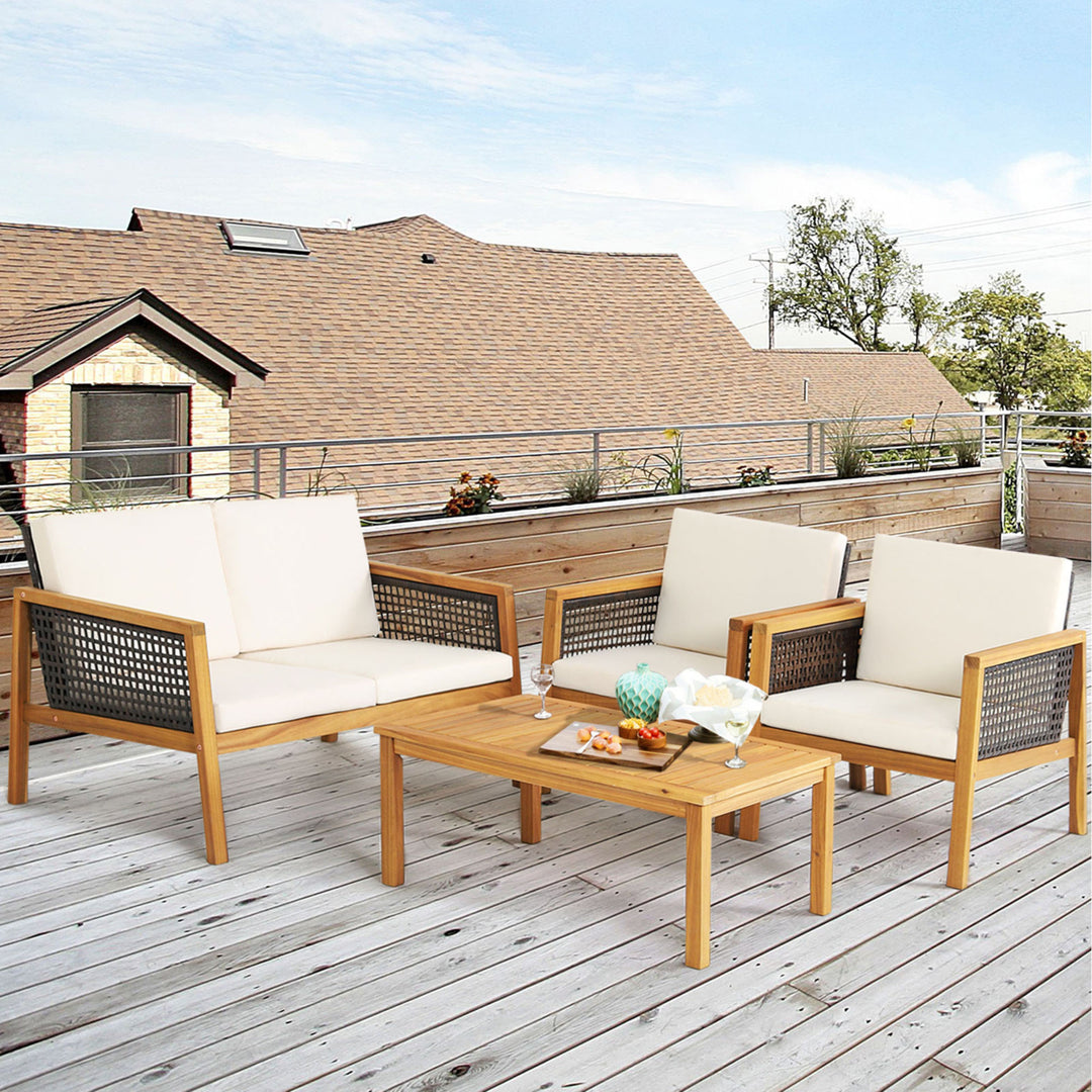 4PCS Patio Acacia Wood Furniture Set PE Rattan Conversation Set w/ Off White Cushions Image 4