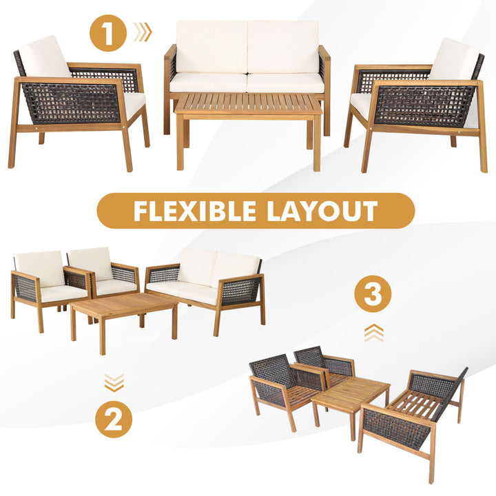 4PCS Patio Acacia Wood Furniture Set PE Rattan Conversation Set w/ Off White Cushions Image 5