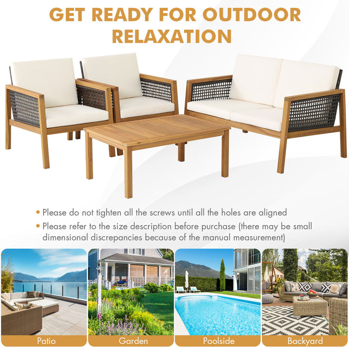 4PCS Patio Acacia Wood Furniture Set PE Rattan Conversation Set w/ Off White Cushions Image 6