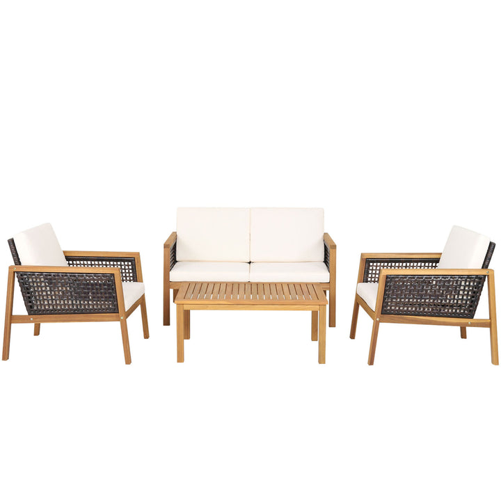 4PCS Patio Acacia Wood Furniture Set PE Rattan Conversation Set w/ Off White Cushions Image 9