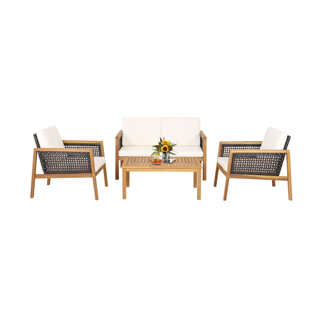 4PCS Patio Acacia Wood Furniture Set PE Rattan Conversation Set w/ Off White Cushions Image 2