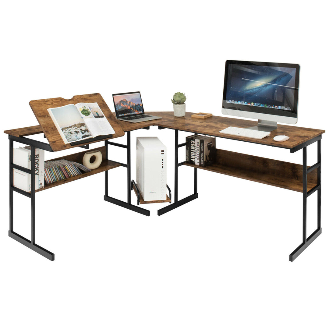 L-Shaped Computer Desk Drafting Table Workstation w/ Tiltable Tabletop Image 6