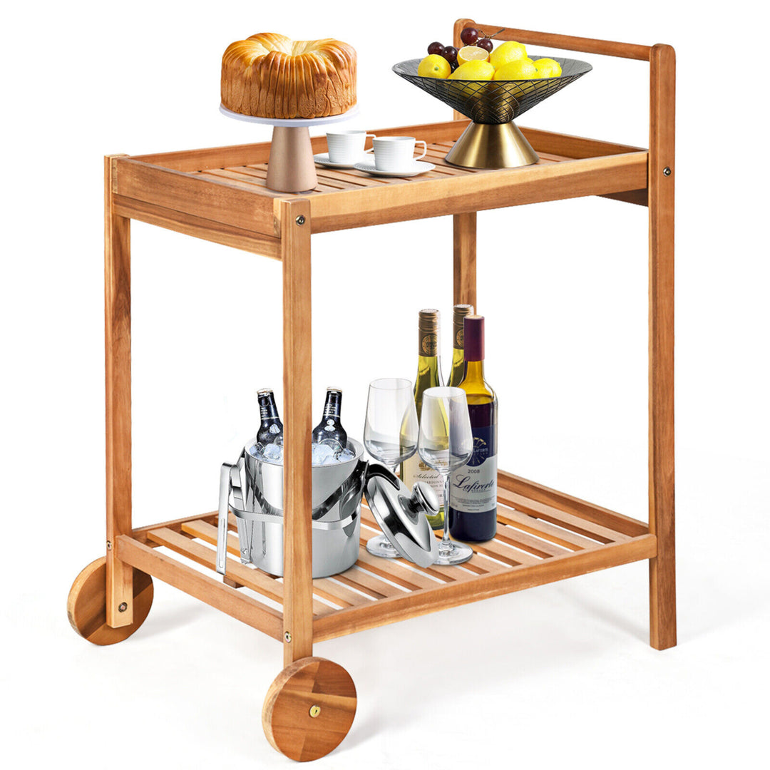 2-Tier Acacia Rolling Kitchen Trolley Cart Dining Serving Cart Outdoor w/ Wheels Image 1