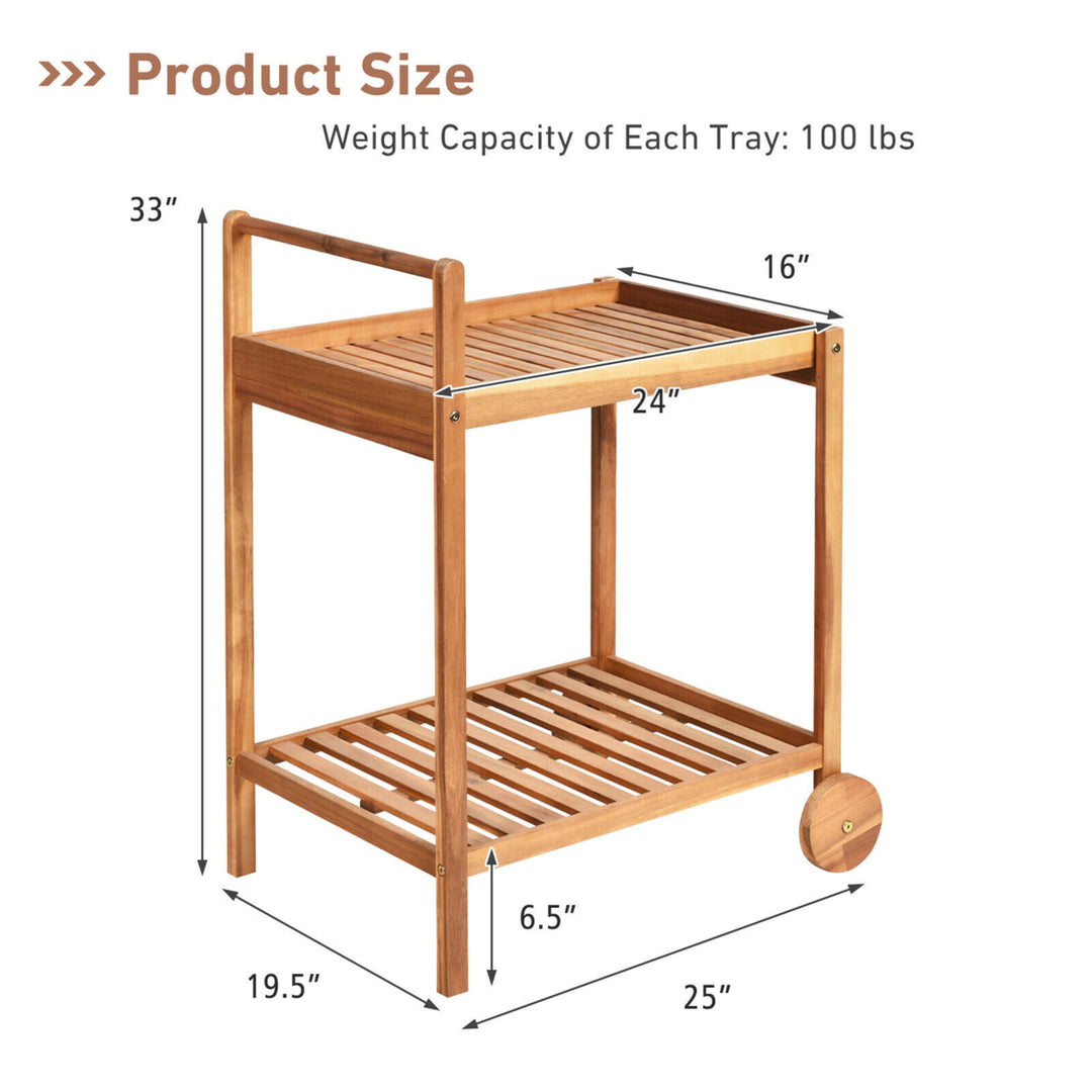 2-Tier Acacia Rolling Kitchen Trolley Cart Dining Serving Cart Outdoor w/ Wheels Image 2