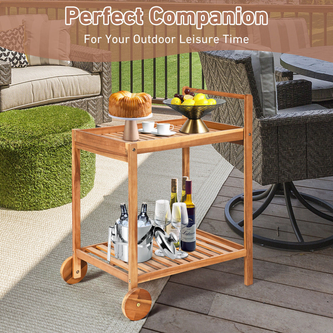 2-Tier Acacia Rolling Kitchen Trolley Cart Dining Serving Cart Outdoor w/ Wheels Image 5