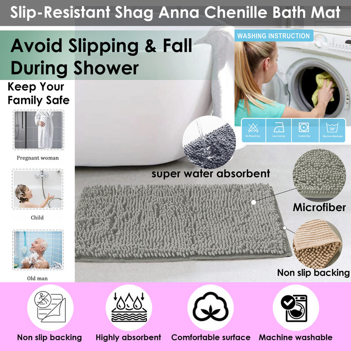 Slip-Resistant Shag Anna Chenille Soft Absorbent Bath Mat Bathroom Rug 17" x 24" Image 3