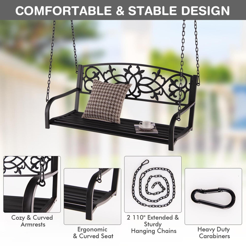 Patio Hanging Porch Swing 2-Person Outdoor Metal Swing Bench Chair w/ Chains Image 2