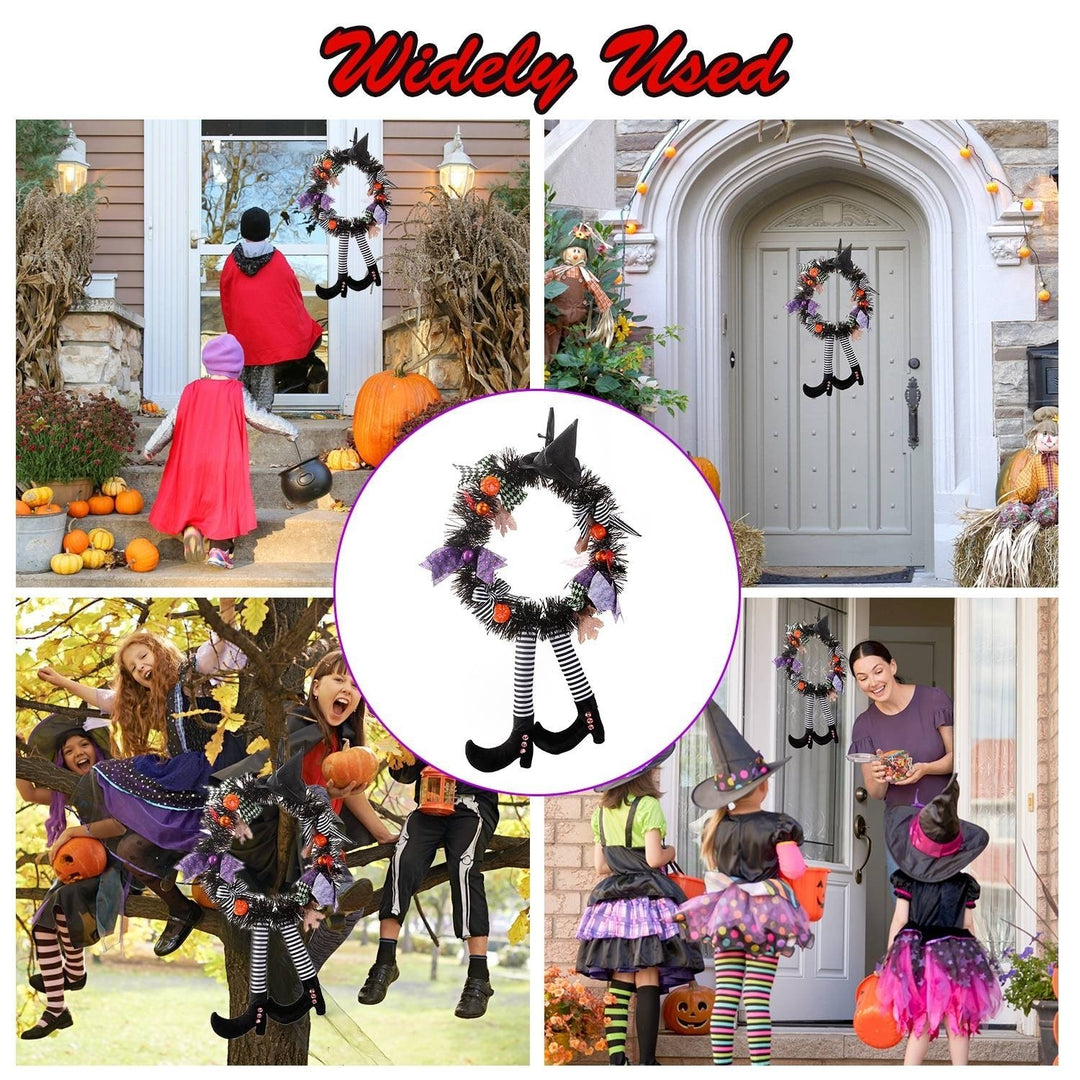 Halloween Witch Wreath with Pumpkins and Legs 24in Handmade Outdoor Decor Image 2