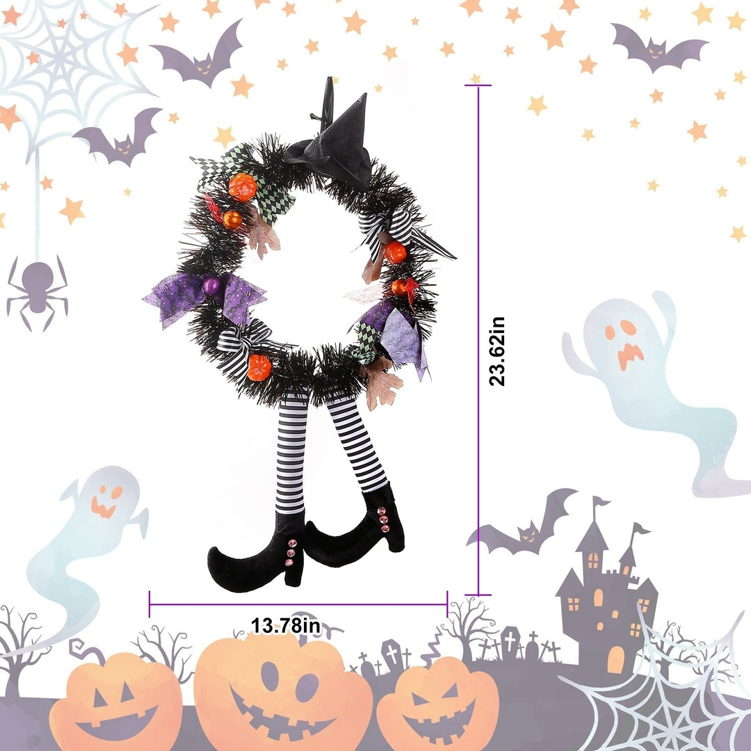 Halloween Witch Wreath with Pumpkins and Legs 24in Handmade Outdoor Decor Image 3