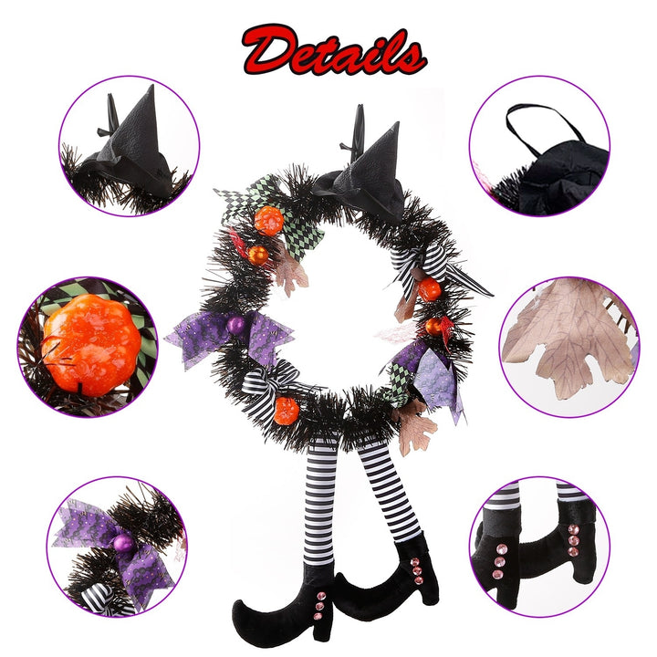 Halloween Witch Wreath with Pumpkins and Legs 24in Handmade Outdoor Decor Image 4