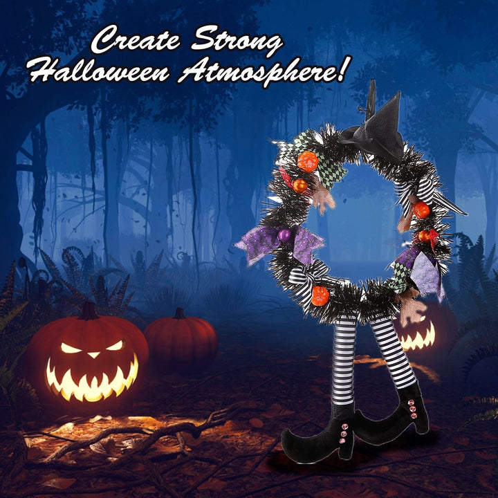 Halloween Witch Wreath with Pumpkins and Legs 24in Handmade Outdoor Decor Image 5