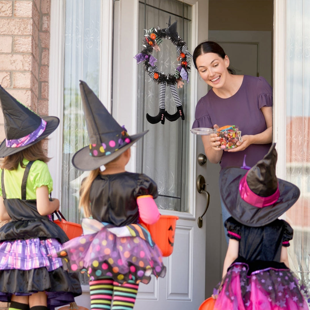 Halloween Witch Wreath with Pumpkins and Legs 24in Handmade Outdoor Decor Image 6