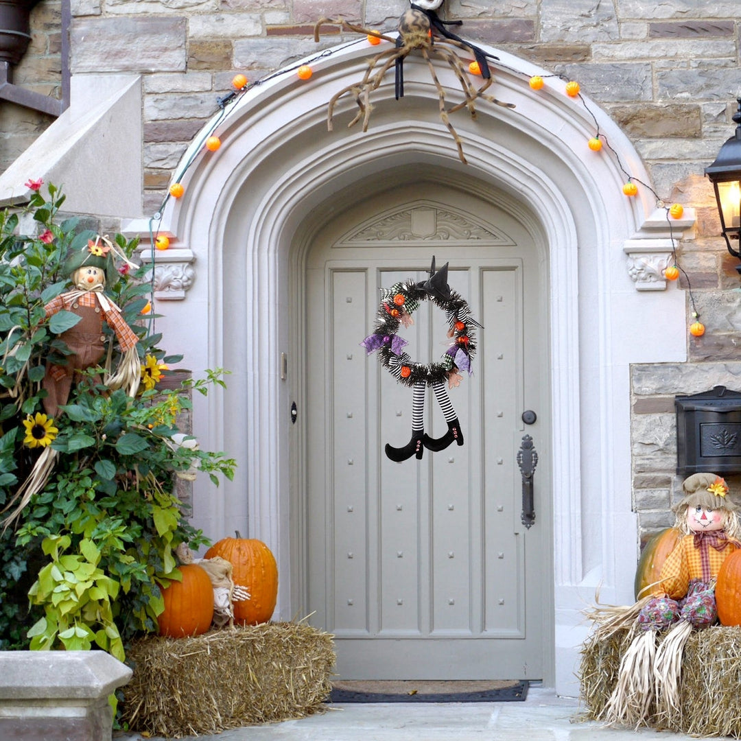 Halloween Witch Wreath with Pumpkins and Legs 24in Handmade Outdoor Decor Image 7