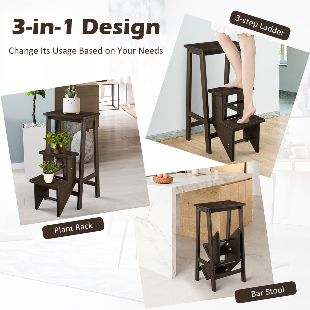 3 Tier Folding Step Stool 3-in-1 Rubber Wood Ladder Brown Image 5