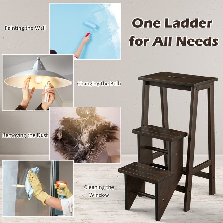 3 Tier Folding Step Stool 3-in-1 Rubber Wood Ladder Brown Image 8