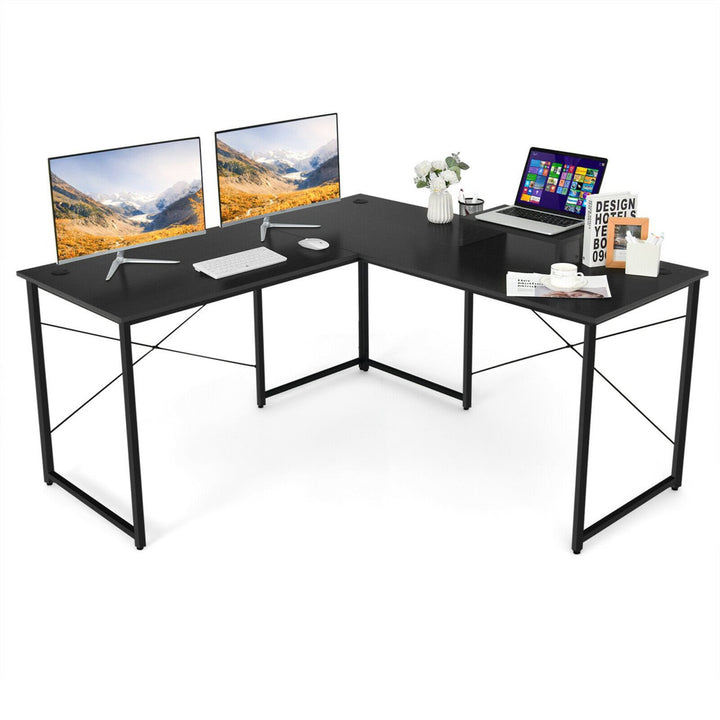 L-Shaped Reversible Computer Desk 2-Person Long Table w/Monitor Stand Image 5