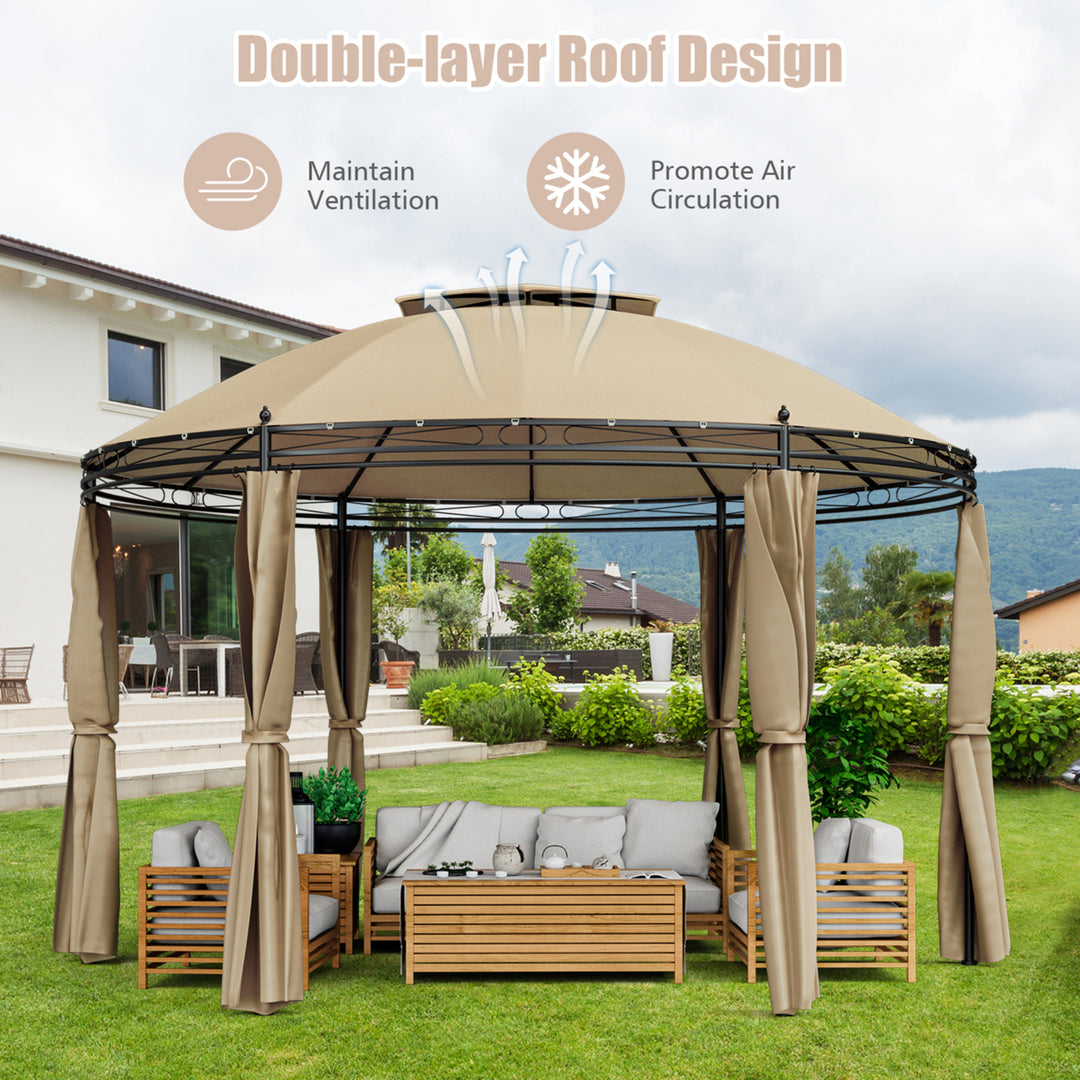 11.5 Outdoor Patio Round Dome Gazebo Canopy Shelter Double Roof Steel Brown Image 7