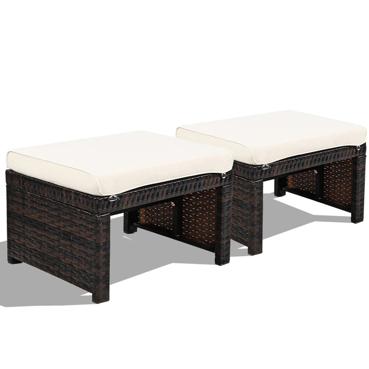 Set of 2 Rattan Ottoman Footrest Footstool Patio Furniture w/ Cushion Image 6