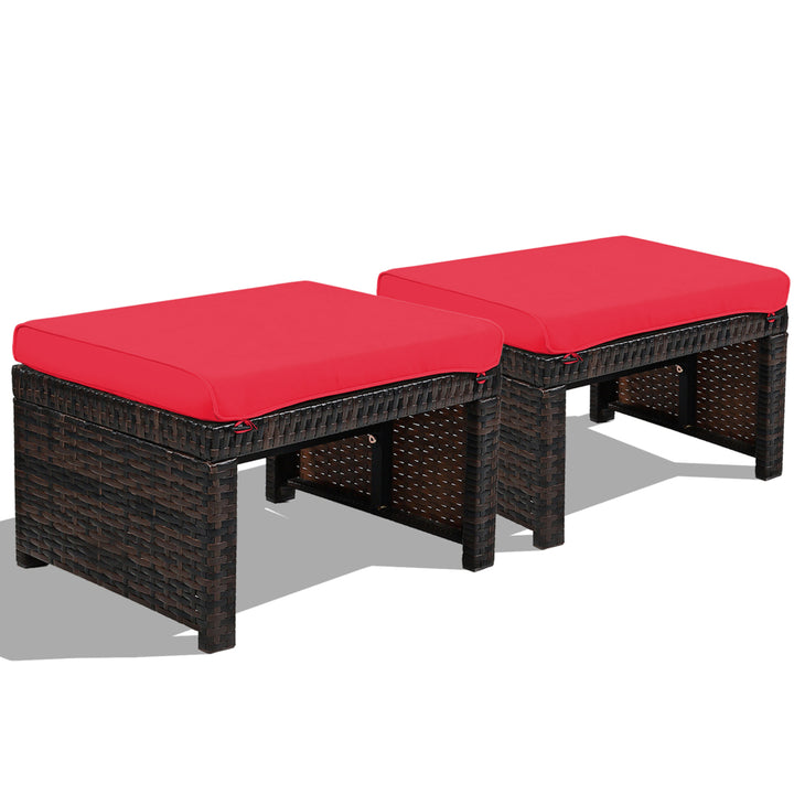 Set of 2 Rattan Ottoman Footrest Footstool Patio Furniture w/ Cushion Image 4