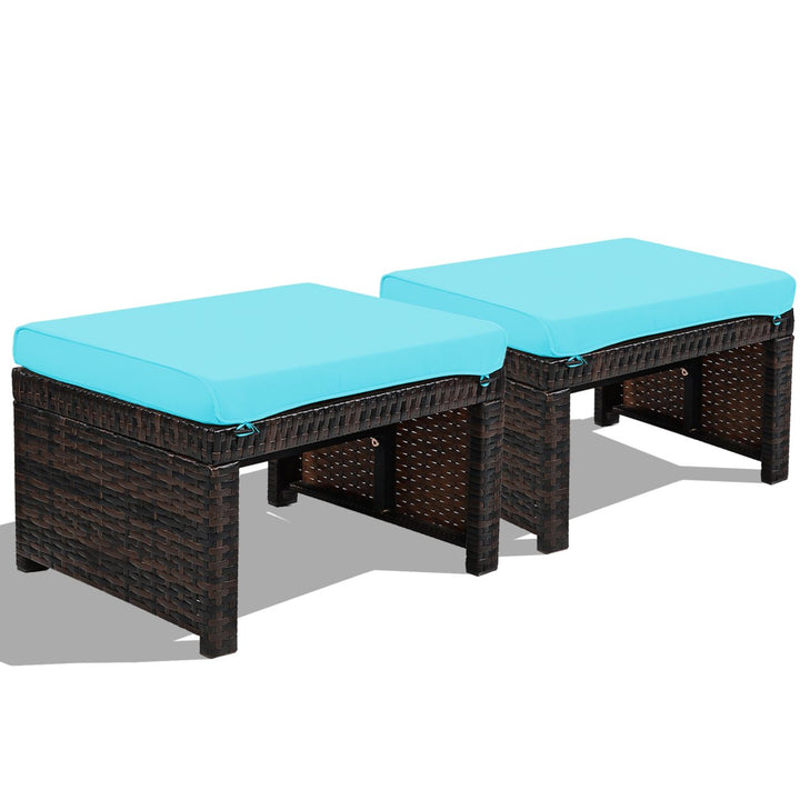 Set of 2 Rattan Ottoman Footrest Footstool Patio Furniture w/ Cushion Image 5